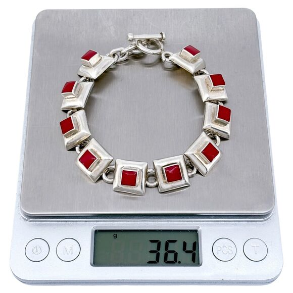 Vintage Mexico Sterling Silver 925 Red Enamel Bracelet 7.5" - Picture 7 of 7